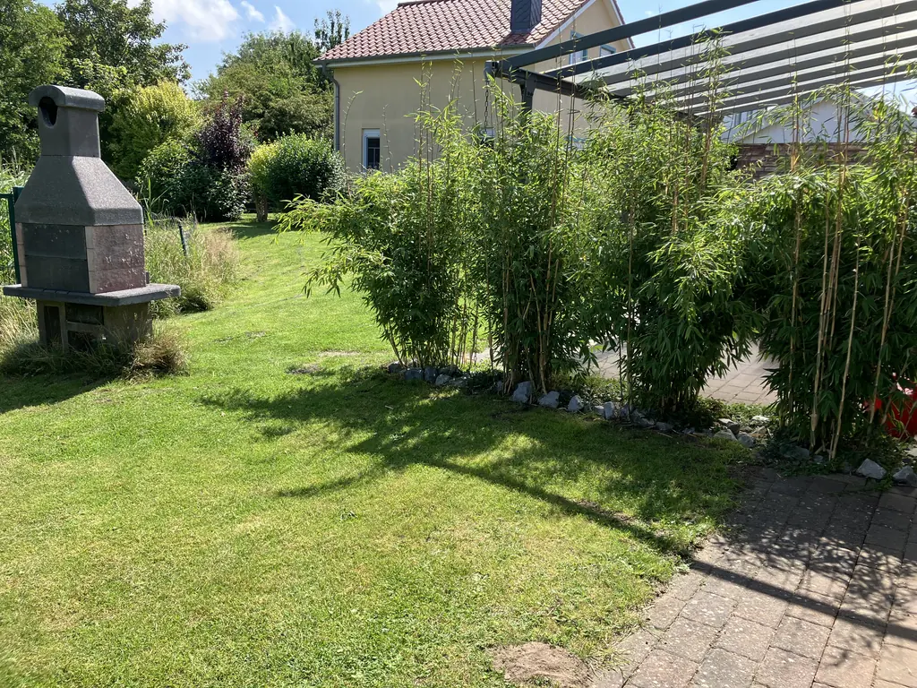 Garten mit Bambus, Grillkamin und überdachter Terrasse