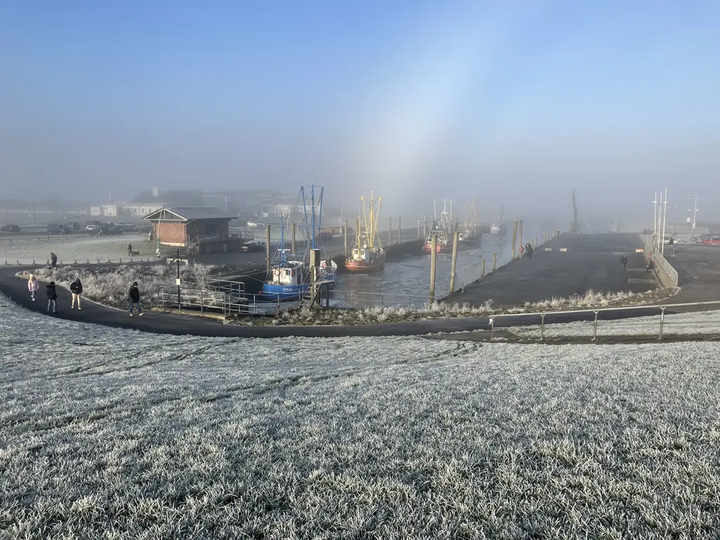 Hafenbecken mit Regenbogen im Nebel